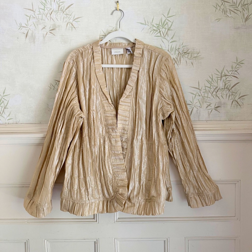Chico's Open Front Jacket Gold Crinkle Pleated Ruffle Trim Hook Eye Size 3 / XL
